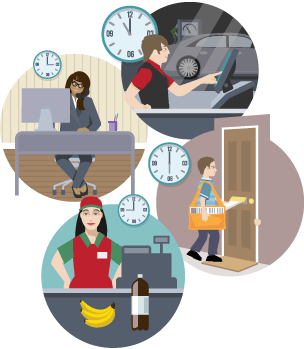 A composite image representing shift work showing a young woman in an office, a young man in a garage, a young woman at a checkout, and a boy delivering newspapers.