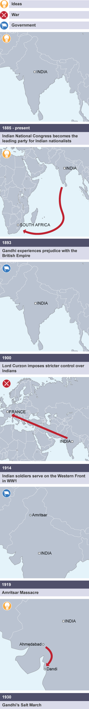 Six maps illustrating the crisis of British imperial involvement in India and the growth of Indian nationalism.