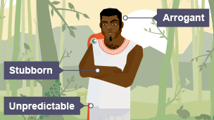 Demetrius, wearing a white tunic, stands with his arms folded and an annoyed expression on his face. He is standing against a background of the woods, in front of trees and mountains. Labels describe him as arrogant, unpredictable and stubborn.