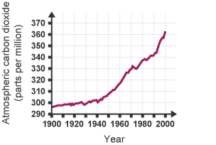 A graph showing that carbon dioxide levels increased from 1900 to 200
