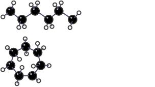 Ball and stick models of simple hydrocarbons. Carbon atoms are black and hydrogen atoms are white.