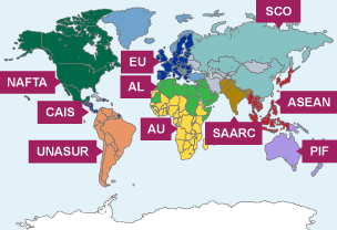 Map of countries organised into trading blocks.