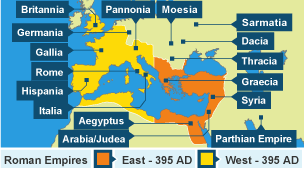 Roman Empires in the east and west in AD395