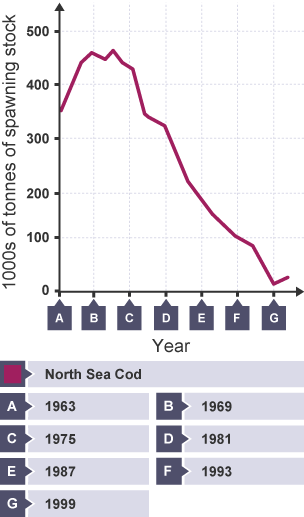 Graph showing 1000s of tonnes of spawning stock of north sea cod. Stock rose from 350,000 tonnes in 1663 to 450,000 tonnes by 1975. It fell steeply to almost 0 in 1999, followed by a slight rise.