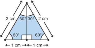 An equilateral triangle with equal sides of 2 cm shown split into two right-angled triangles with 60 and 30 degree angles.