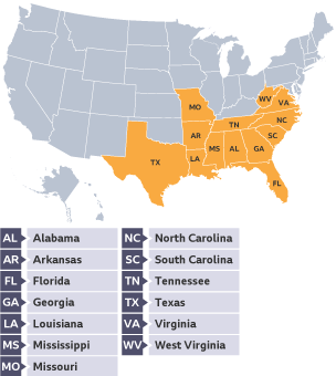 A map showing some states that enacted Jim Crow laws: Alabama, Arkansas, Florida, Georgia, Louisiana, Mississippi, Missouri, North and South Carolina, Tennessee, Texas, Virginia and West Virginia