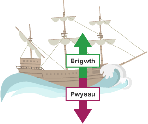 Llong gyda dau rym yn gweithredu arno. Mae’r grym am i lawr wedi’i labelu â ‘Pwysau’. Mae’r grym am i fyny wedi’i labelu â ‘Brigwth’.