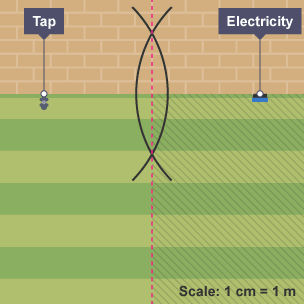 A lawn next to a house wall with one point labelled Tap and another labelled Electricity/. Two arced lines cross each other between Tap and Electricity