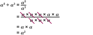 A worked example of how to divide indices by subtracting the powers.