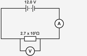 Circuit with 12V power supply, ammeter resistor with 2.7 x 10 to the power of 3 Ohms and a voltmeter connected in parrallel.