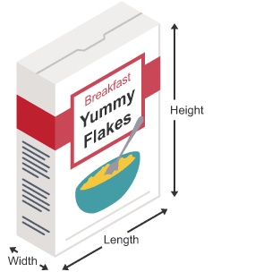 Box of Yummy Flakes showing length, width and height