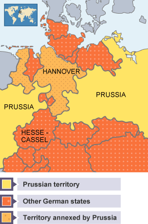 Map showing the position of Hesse-Cassel.  It sits to the right of the left-hand part of Prussia below Hannover.