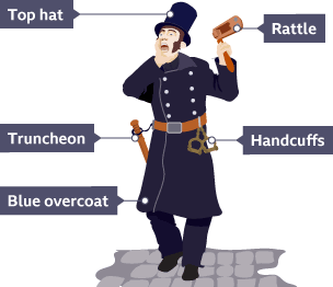 A policeman wearing a dark blue overcoat and top hat. He is shouting and waving a rattle. A truncheon and handcuffs are attached to his belt.
