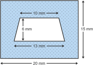 Petryal 20 mm o led a 15 mm o uchder. Y tu mewn i'r petryal mae adran siâp trapesiwm wedi'i thorri allan