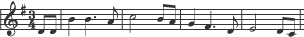 Treble clef, key signature of F sharp, 3/4 time signature and 5 bars of Kimberley's Waltz