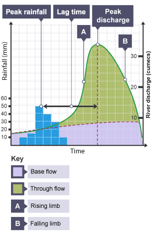 The bar chart shows rainfall. The line graph shows river discharge. The time between peak rainfall and peak discharge is the lag time. The rising limb and falling limb are on either side.