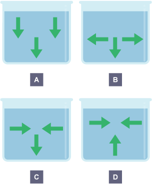 Four tanks of water. Each has a different arrangement of arrows representing the direction of the forces from the water on the inside of the tank.