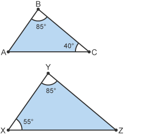 Two similar triangles showing all three angles are equal in both triangles