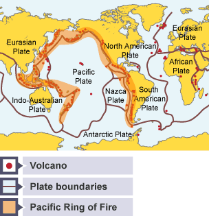 A world map showing the region of the Pacific Ring of Fire and other active volcanoes.