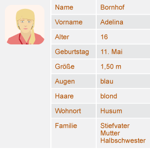 A profile page for a teenage girl called Adelina Bornhof showing a passport photo and personal details.