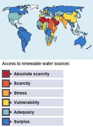 Northern Africa and central Asia are areas with water scarcity.