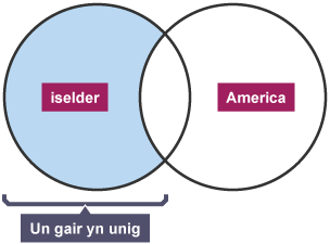 Diagram Venn gyda 'iselder' wedi ei ysgrifennu mewn un cylch, ac 'America' yn y llall. Y rhanbarth 'iselder' yn unig sydd wedi ei liwio i gynrychioli un gair yn unig i fod yn bresennol mewn chwiliad.