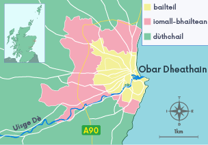 Map a' sealltainn nan sgìrean bailteil, ùٳ󳦳󲹾 agus air iomall-bhailteil ann an Obar Dheathain agus Uisge Dè