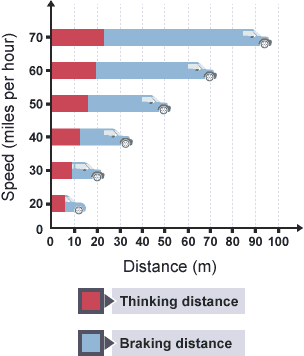 Bar chart showing the thinking and braking distances of a car at different speeds. The greater the speed, the longer the thinking and braking takes.