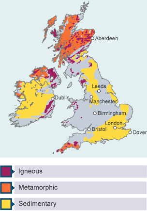 Igneous rock is mostly found in Scotland and Wales. Metamorphic rock is mostly found in northern Scotland and Northern Ireland. Sedimentary rock is widely found across lowland areas of England.