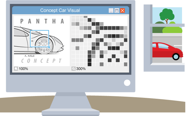 Graphic illustrating an image of a car enlarged 300%