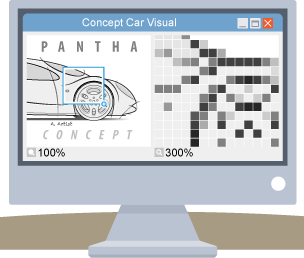 Graphic illustrating an image of a car enlarged 300%