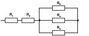 Two resistors are connected in series and then another three resistors are connected in parallel
