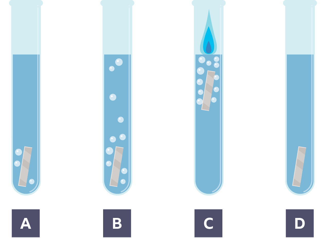 A diagram showing four reactions of different metals with dilute acids. The first reaction has a few bubbles. The second reaction has lots of bubbles. The third reaction has bubbles and the metal has risen to the surface of the acid and set on fire. The fourth has no reaction.