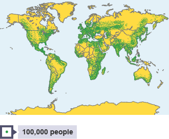 A dot map uses dots to represent a certain number of people. A key explains how many people each dot represents, eg 1 dot = 100,000 people.