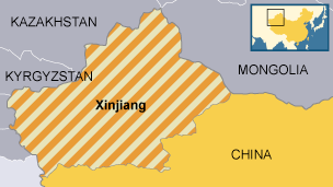 A map of Xinjiang in relation to China