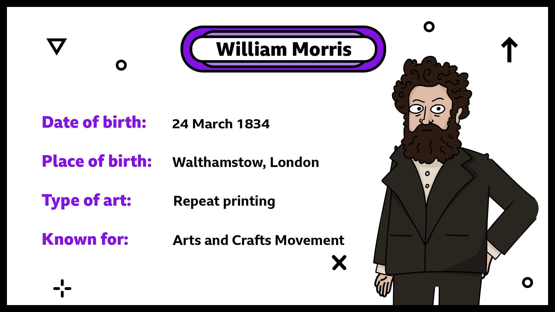 Date of birth 24 March 1834. Place of birth Walthamstow, London. Type of art repeat printing. Known for arts and crafts movement.