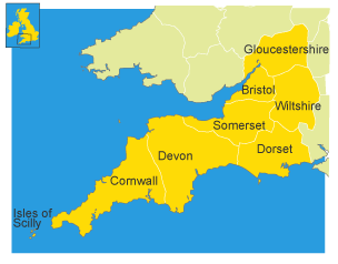 Map of the areas of the South West of England