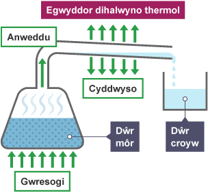 Diagram sylfaenol i esbonio dihalwyno thermol.