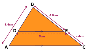 An image of a triangle labelled ABC with a smaller triangle within it, DBE. The length of line AB is 5.4cm. The length of line BE is labelled 4.8cm. The length of line EC is labelled 2.4cm. The length of line AC which is the base of the triangle, is unlabelled. The length of line DE, which bisects the larger triangle, is labelled 5cm.