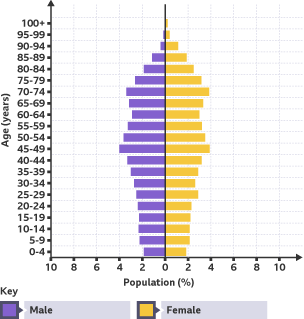 Population pyramid – Japan. There are similar numbers of males and females. The number of people in each age bracket fluctuates a little between 0-75 years. From 70 – 100+, the population decreases.