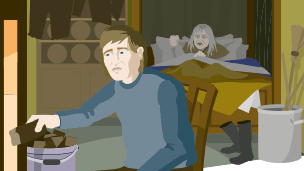 A man putting peat on a fire with an old lady in bed behind him