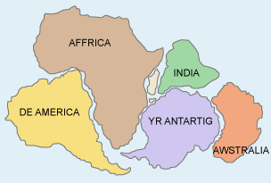 Map yn ategu damcaniaeth Wegener, yn dangos holl gyfandiroedd y byd wedi uno â'i gilydd.