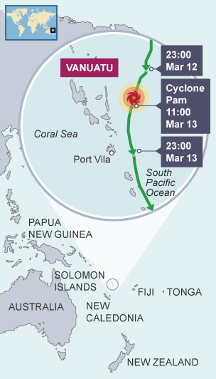 A map showing the cyclone movement of Cyclone Pam to the east of Vanuatu.