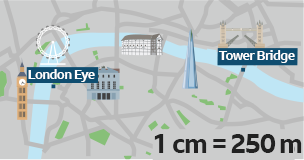 Map of London. Scale 1cm = 250 m