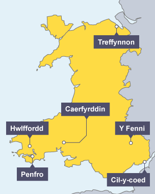 Map yn dangos ardaloedd Treffynnon, Caerfyrddin, Hwlffordd, Penfro, Y Fenni a Chil-y-coed a gafodd eu heffeithio’n wael gan y Pla Du yn y cyfnod cynnar