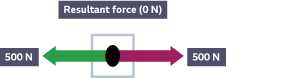 A diagram of two arrows. One arrow points left and the other points right. Both arrows are labelled 500 N. The resultant force is 0 N.