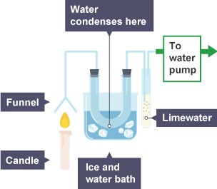 An inverted glass funnel sits over a lit candle. The stem of the funnel connects to a U-tube which rests in an ice bath. Water will condense in the U-tube. The other end of the U-tube connects to a test tube of limewater, which is also connected to a water pump.