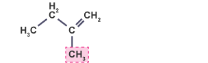 Structural formula of 3-methylbut-2-ene, with the methyl group (CH3) joined to the second carbon highlighted.