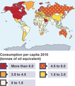 Map of the world showing Consumption per capita 2010 (tonnes of oil equivalent)