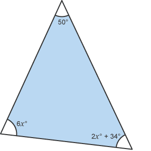 Diagram of a triangle with angles of 50˚, 6x˚ and 2x˚ + 34˚